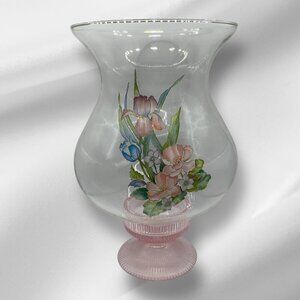 L.E. Smith Vintage Floral Candle Hurricane Glass Globe Pink Depression Stand